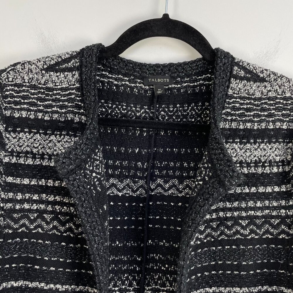 Talbots Womens Medium Black Gray Metallic Open Knit Jacket Tweed Coat Pockets - Picture 9 of 13